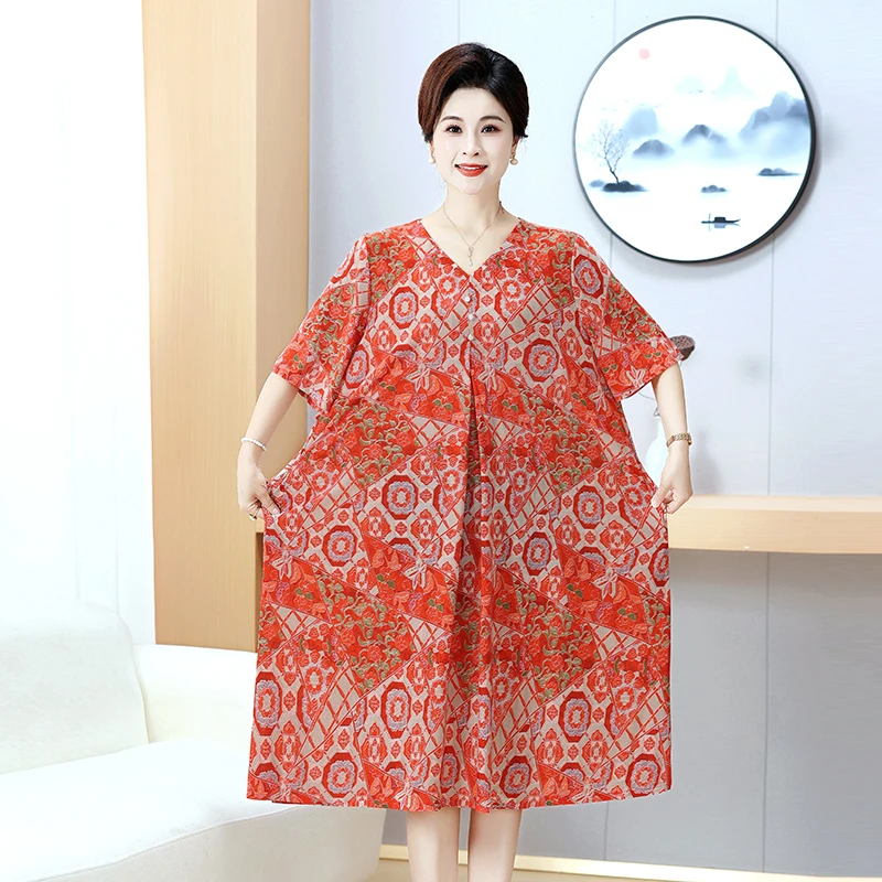 大码夏季新款连衣裙高弹力加肥加大码套头时尚洋气妈妈装气质