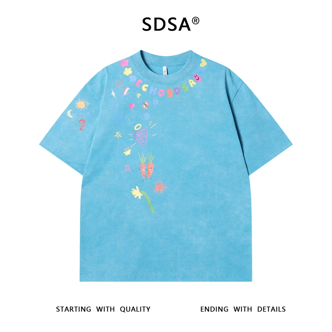 夏季高级感新款男士满天星趣花丛卡通字母印花短袖T恤百搭上衣