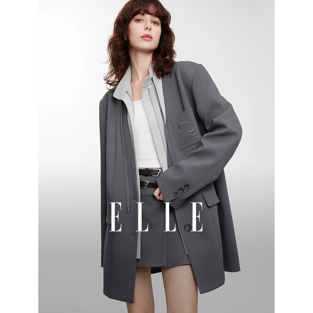 ELLE法式中灰色拼接设计感西装女2025春新款宽松廓形时髦EX50560