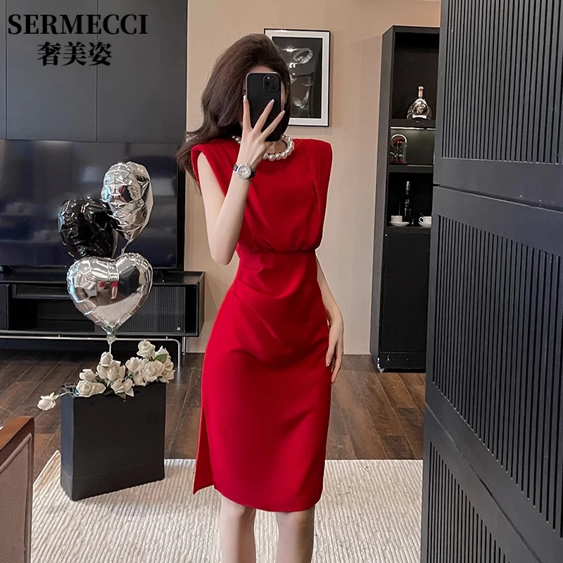 高端轻奢红色掐腰连衣裙夏季新款女装气质无袖订婚敬酒服小众礼服