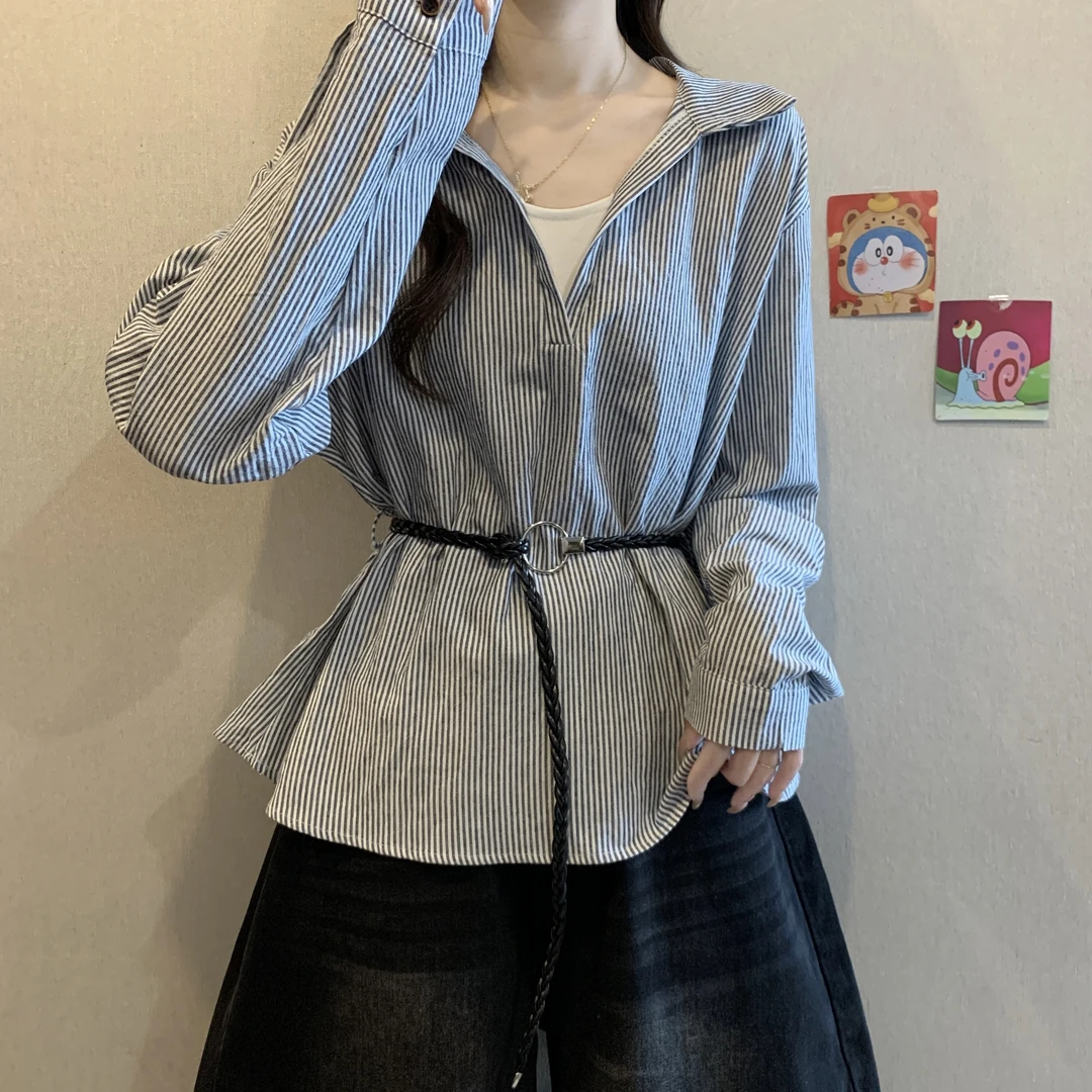 假两件蓝色条纹长袖衬衫秋季2025新款大码女装胖mm高级感收腰上衣