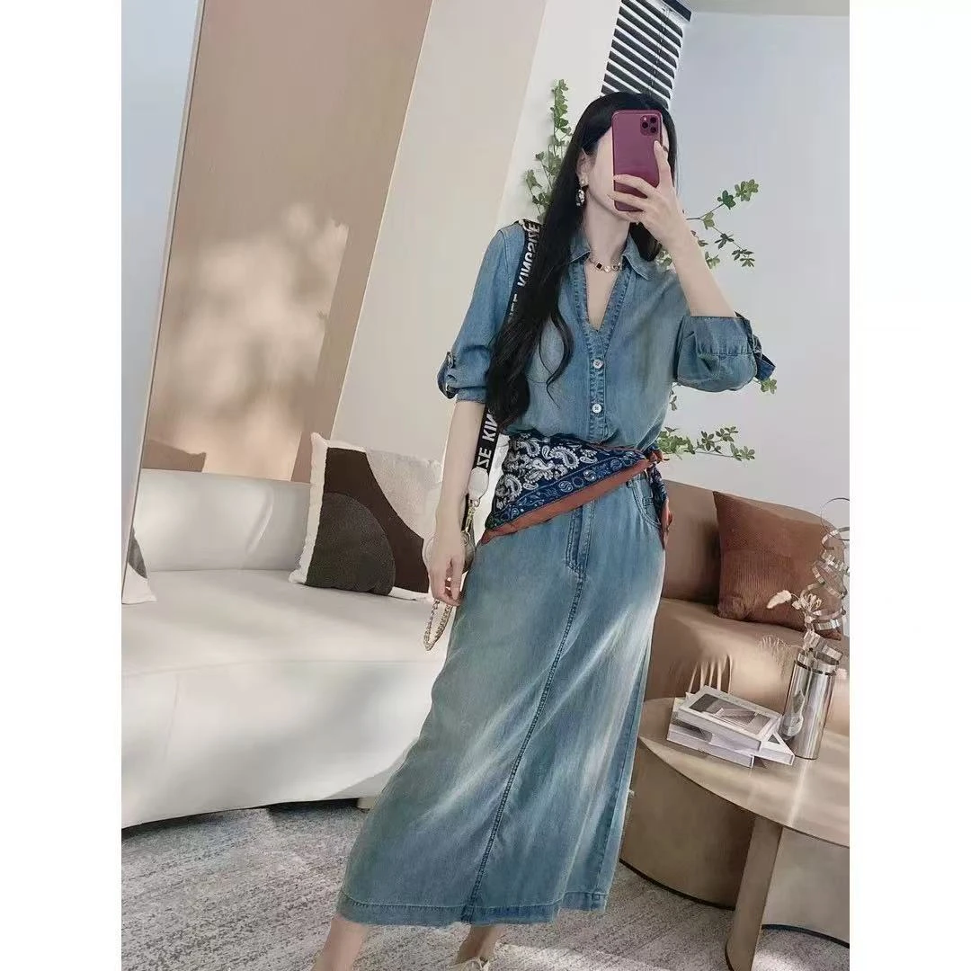 10351女宽松休闲显瘦年夏季新款时尚气质百搭减龄女带围巾连衣裙