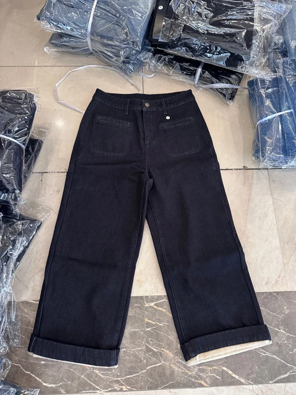 【1608】黑金色复合绒直筒裤