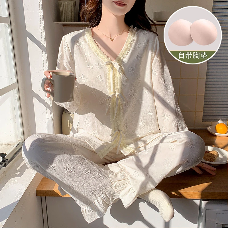 Meng luan/梦鸾云朵棉睡衣女春秋款带胸垫长袖时尚高级女家居服