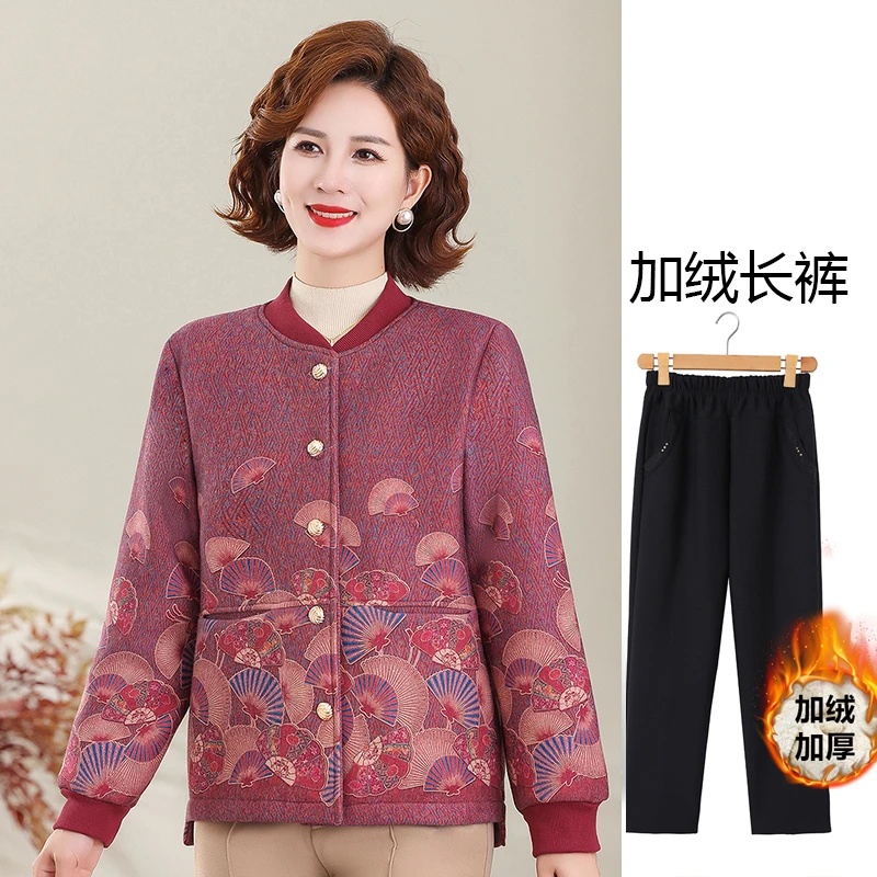 时尚休闲妈妈装加绒宽松外套中老年女装冬季保暖夹克老年人衣服