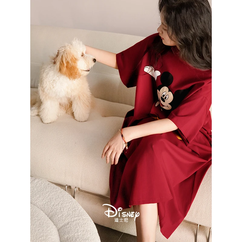 贝妍迪士尼米奇睡裙女夏季薄款凉感棉睡衣结婚红色短袖情侣家居服