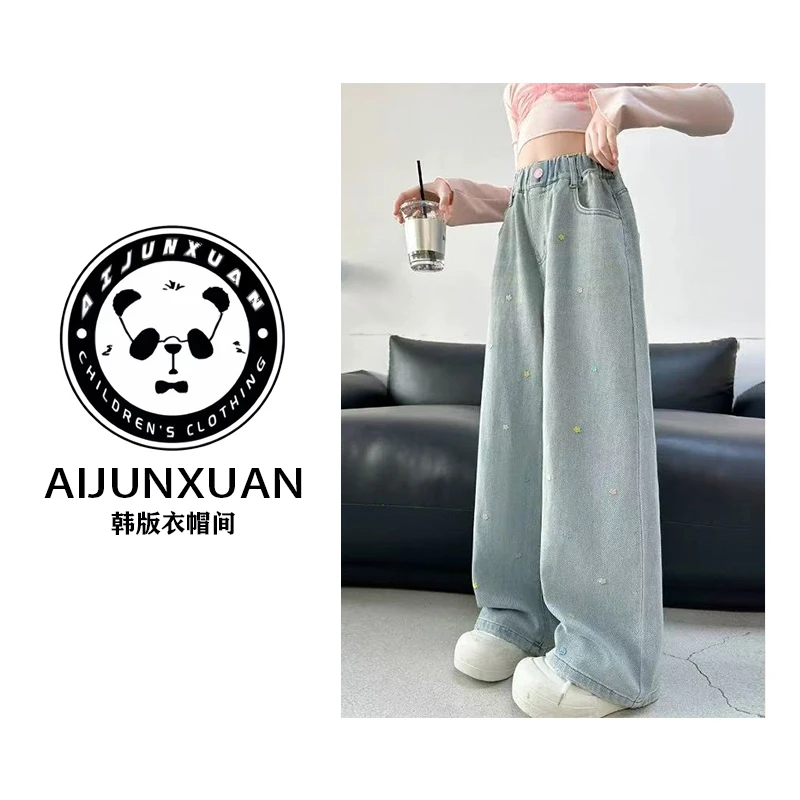 【专属定制】2025韩版女童牛仔裤夏季薄款刺绣宽松牛仔阔腿裤1119