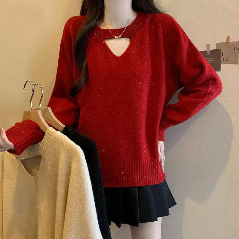 KALUOLAI/卡洛莱红色毛衣女秋冬款复古镂空针织衫内搭打底衫上衣