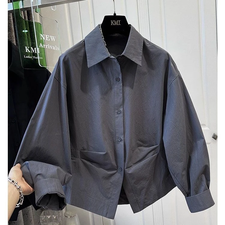 全额运补【褶皱收腰】秋季新款纯色翻领衬衫花苞袖收腰气质时尚