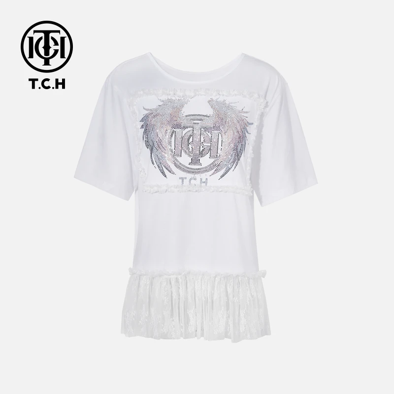 TCH烫钻工艺时尚休闲百搭气质舒适T恤女T75C10B1019轻奢tch
