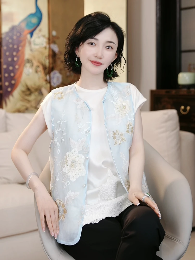 Betty Bairn【春朝花信】新中式桑蚕丝刺绣马甲25B-BW10055