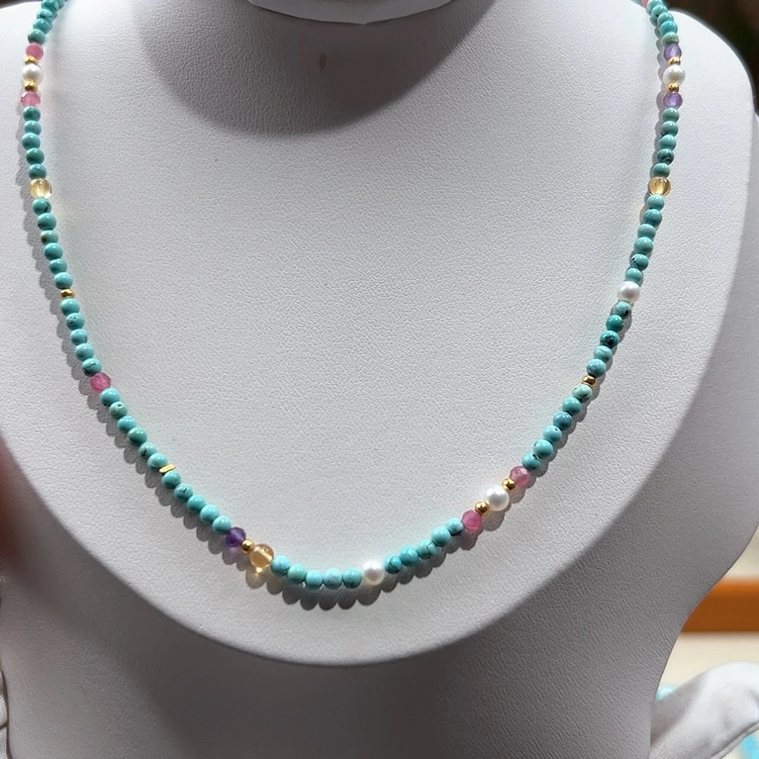 绿松石未镶嵌31圆珠锁骨链放漏卡2+