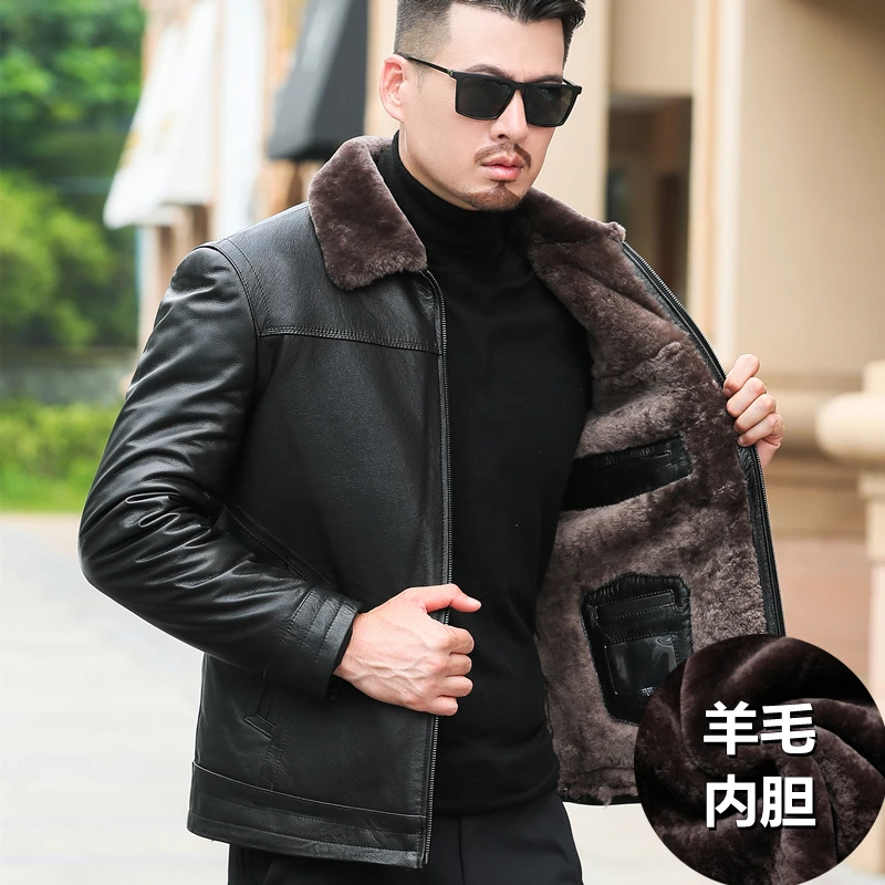 范希巴迪冬季男款皮衣牛皮皮毛一体加绒加厚中年男士皮夹克外套