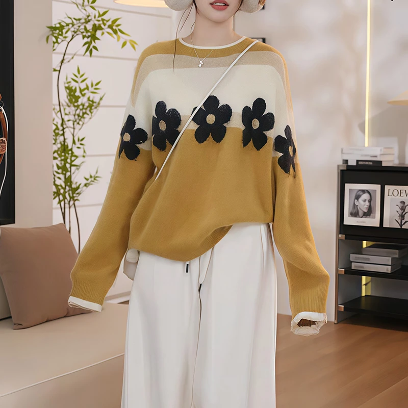 韩系撞色花朵毛针织女秋冬可外穿内搭高级感慵懒宽松打底针织衫