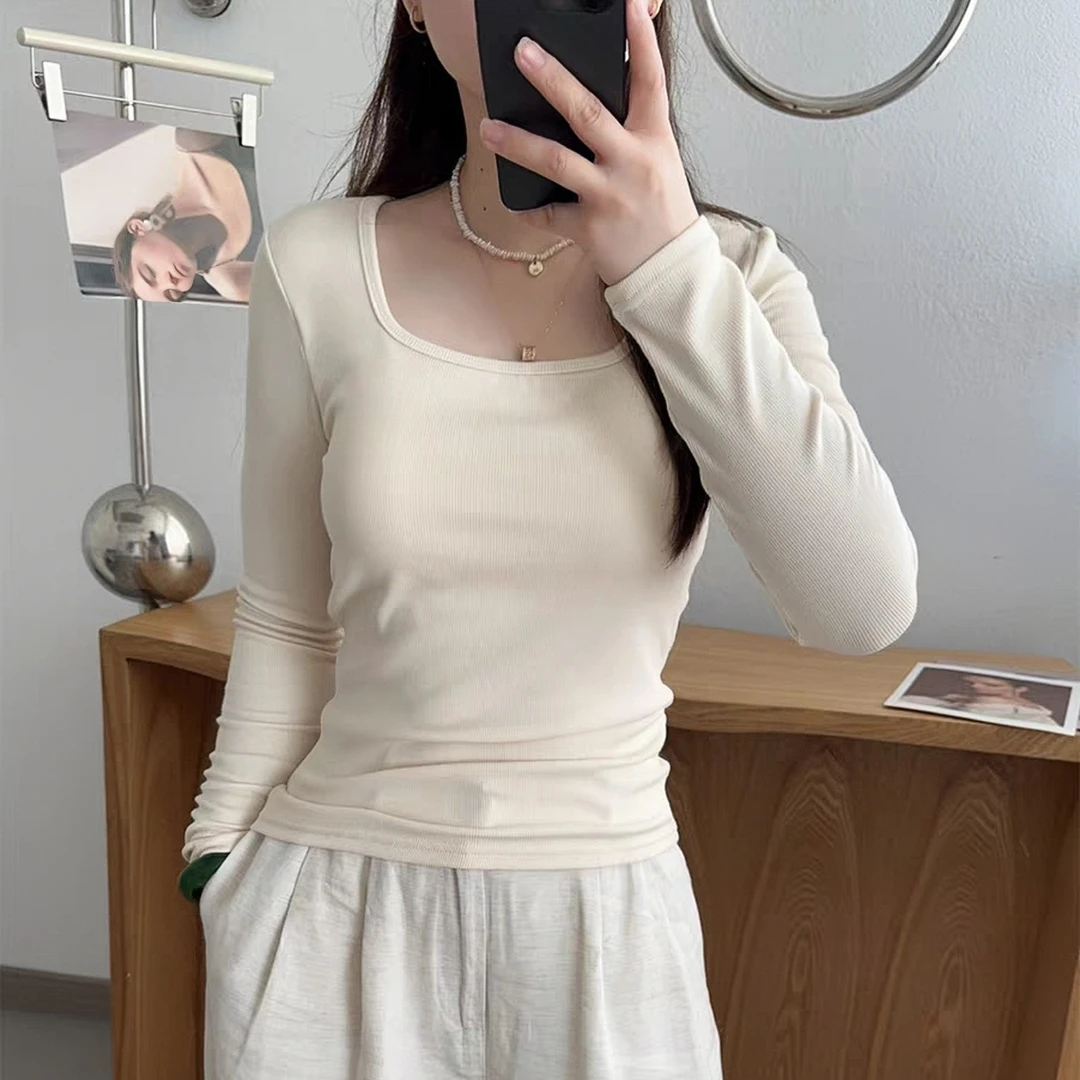 8858秋冬爆款带胸垫一体杯方领磨毛女士长袖内搭打底衫后背蕾丝