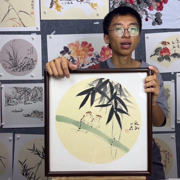 国画纯手绘竹林小鸟竹报平安【41*41】送框
