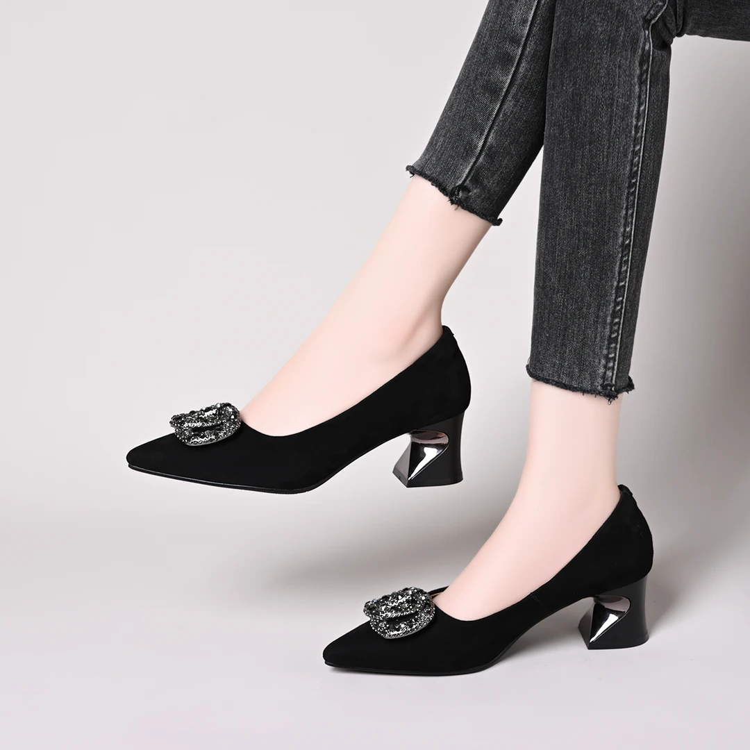 法式浅口水钻中跟单鞋女2025春季新款一脚蹬百搭时尚气质高跟鞋