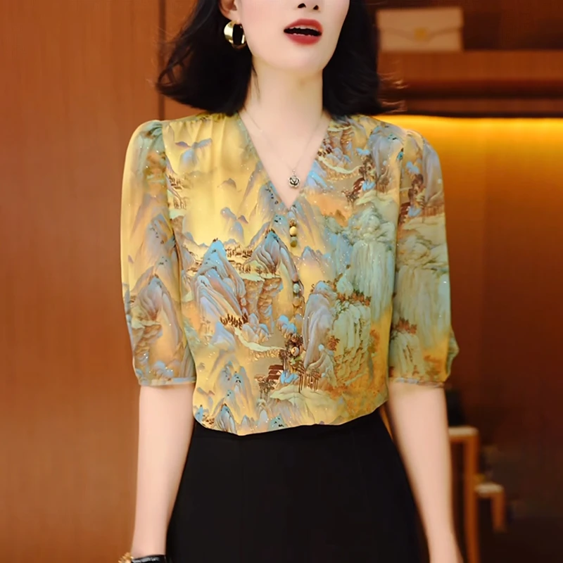 高级感印花V领女士衬衫2025夏季新款宽松遮肚子减龄显瘦雪纺上衣