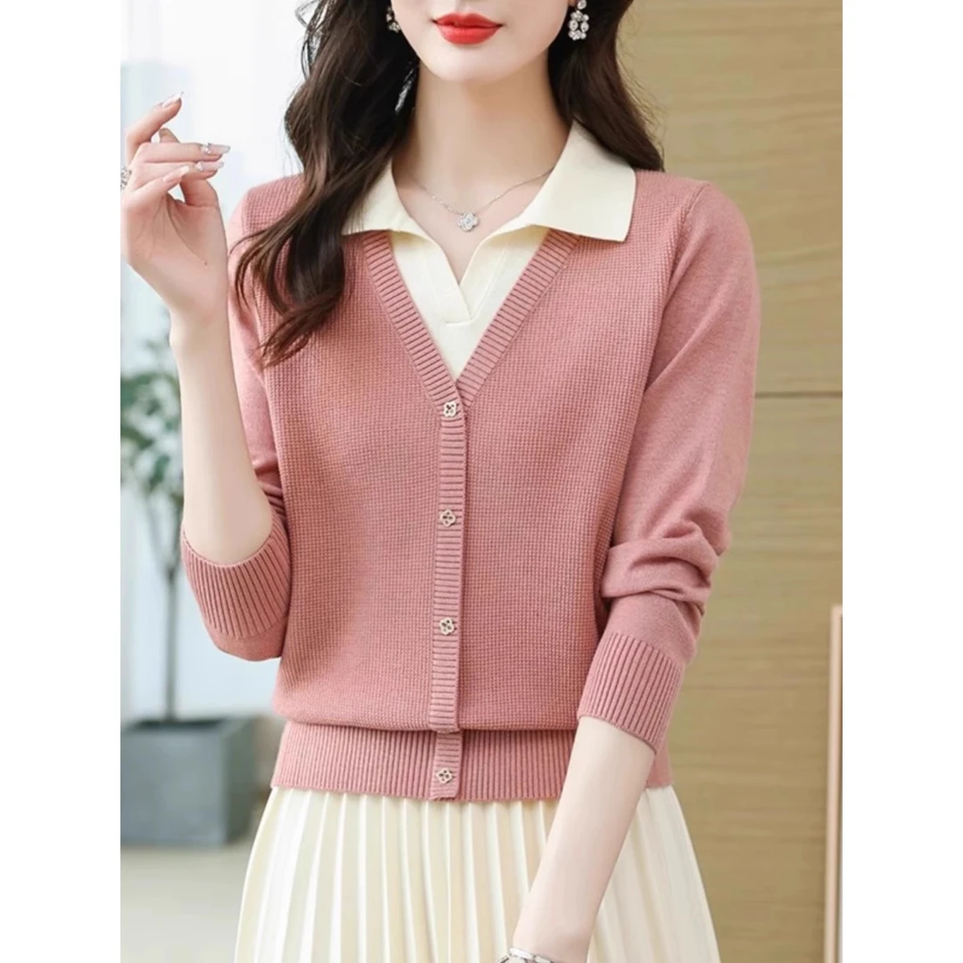 春秋新款长袖针织衫宽松显瘦毛衣polo衫假两件百搭上衣时尚短款