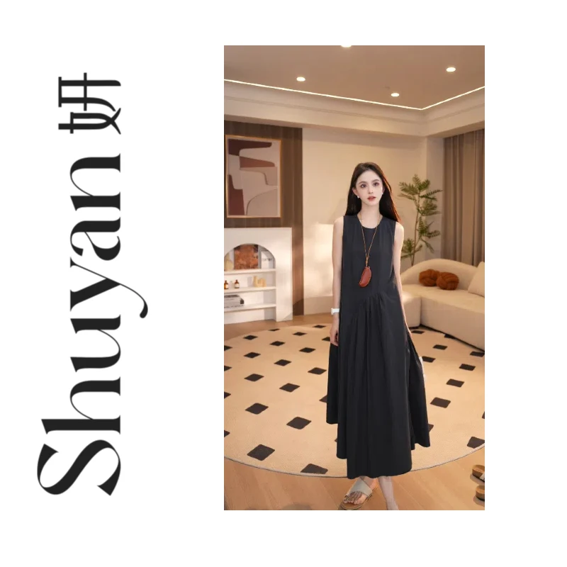 Shuyan妍【速干裙】显瘦慵懒气质百搭不规则拼接褶皱连衣裙665019