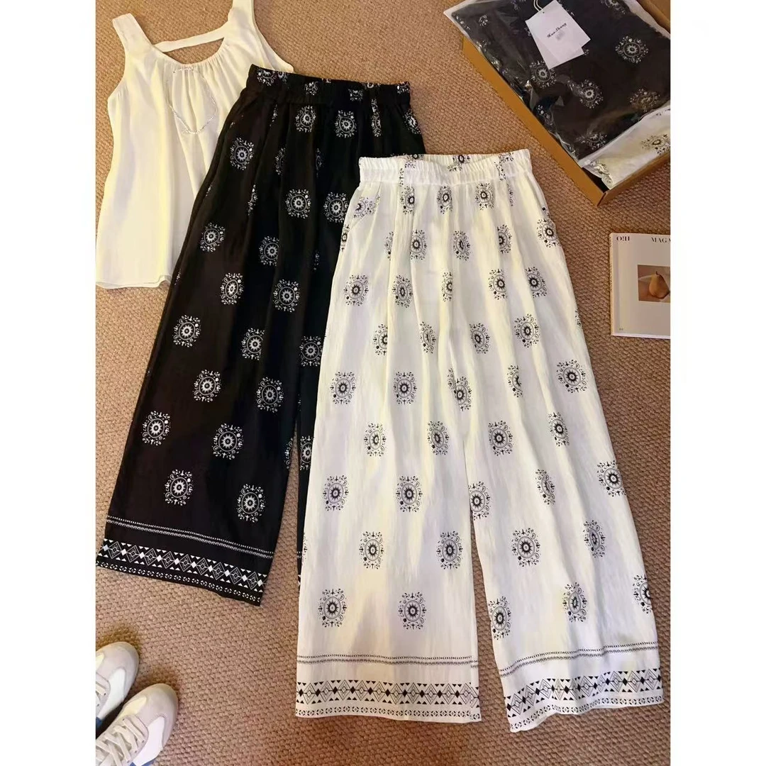 2025夏季复古花棉麻阔腿裤