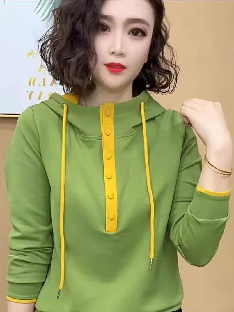 连帽休闲撞色卫衣2025春款新款女宽松洋气减龄长袖上衣