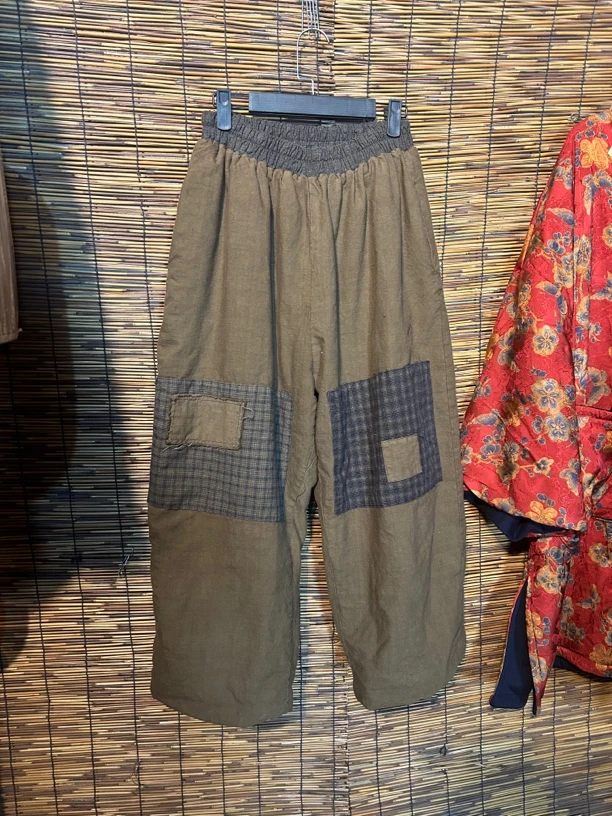 老布手织布植物染贴布直筒裤