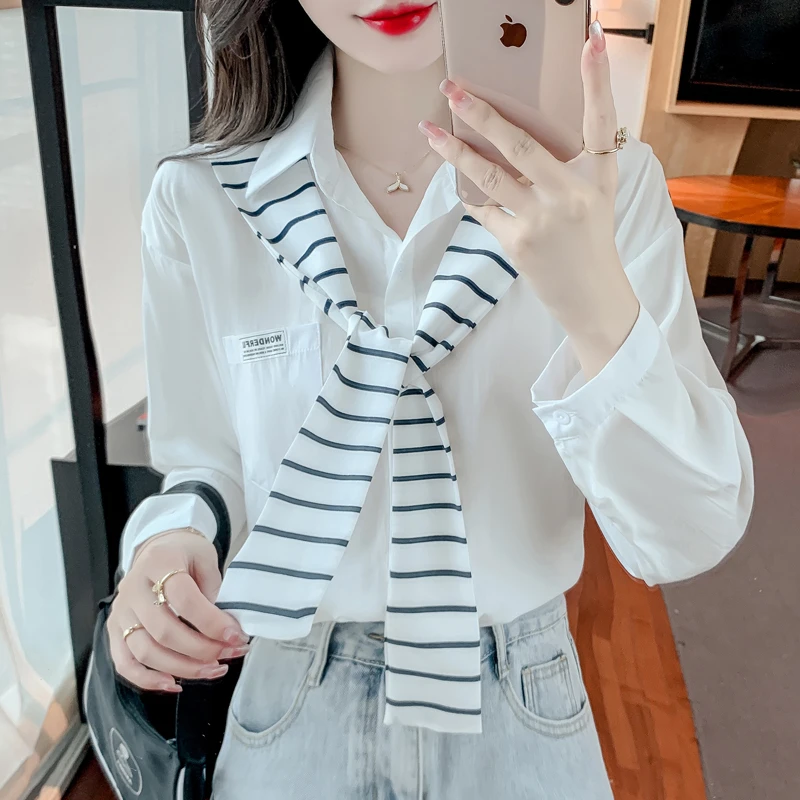 polo领长袖假两件拼接雪纺衬衫女士春秋2025新款洋气条纹披肩衬衣
