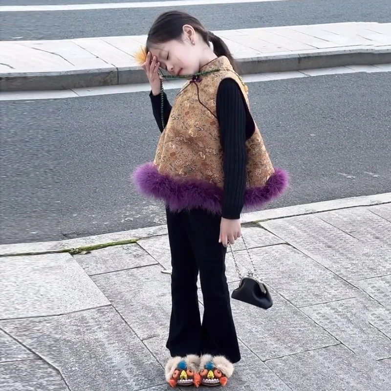 女童新中式旗袍夹棉马甲冬季新款儿童保暖上衣宝宝中国风拜年服