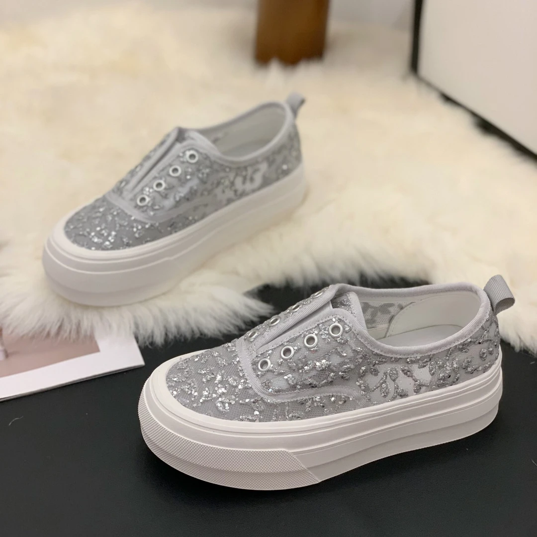 2025夏季新款韩版闪闪水钻网面圆头厚底小白鞋女鞋舒适透气懒人鞋