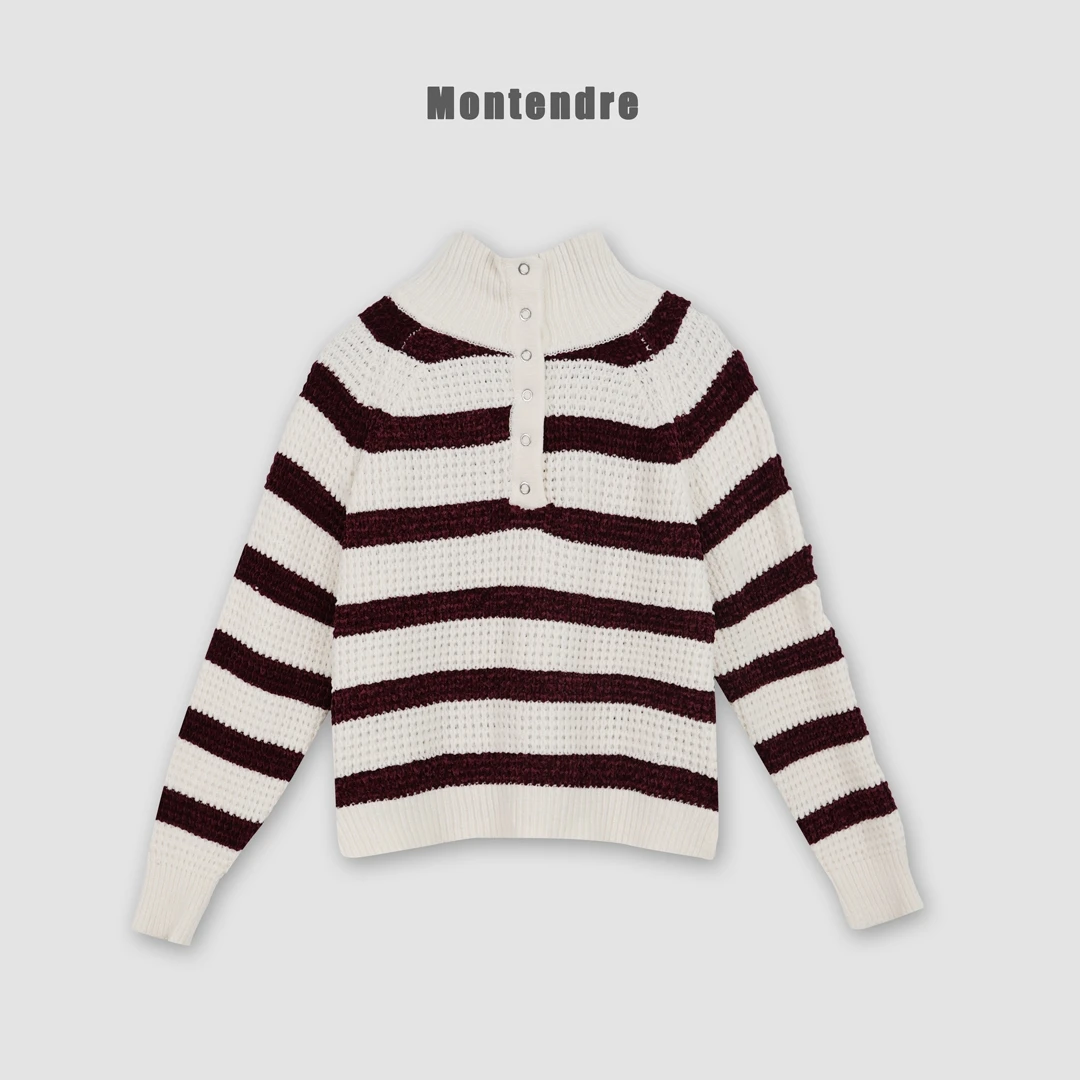 【Montendre】秋季新款 U 立领翻领镂空套头撞色百搭纯色毛针织衫