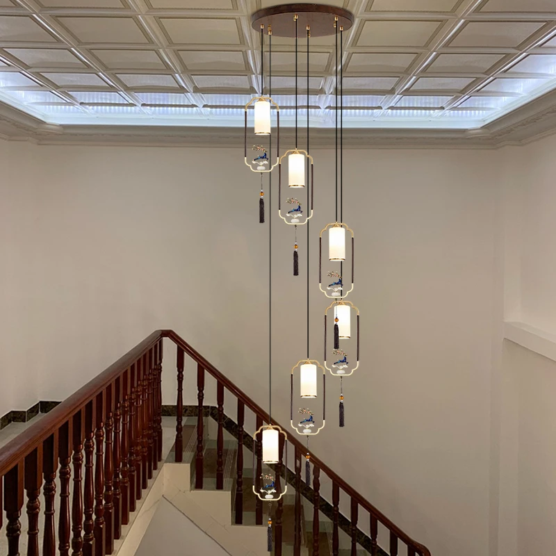 新中式别墅楼梯间吊灯多头长线吊灯复式楼旋转楼梯顶部吊灯热销榜