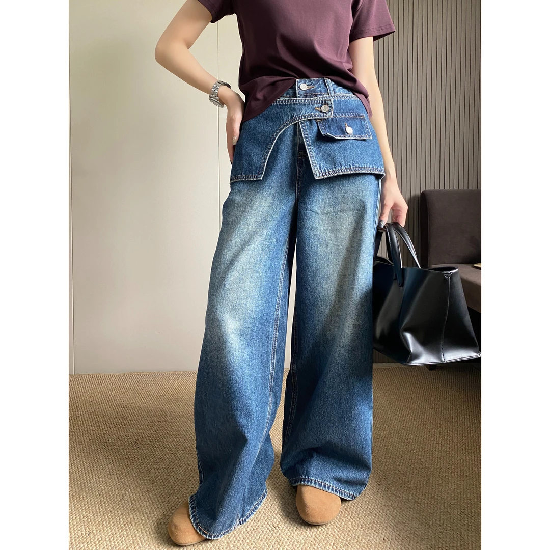 复古假两件阔腿牛仔裤女秋季新款高腰宽松显瘦直筒拖地裤裤子宽松