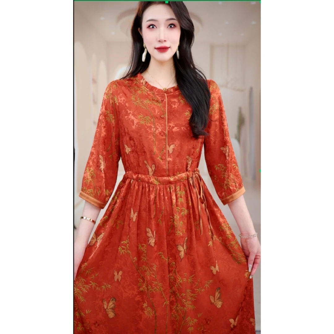 橘红蝴蝶叶连衣裙高贵显瘦新款夏季中年妈妈装法式中长款-娜娜