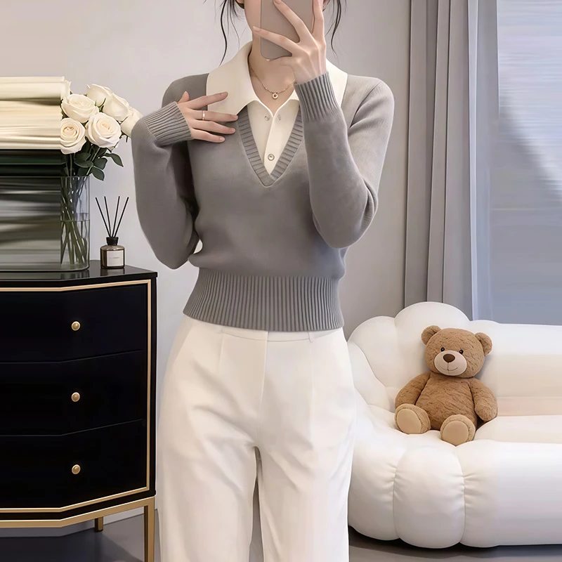 韩系复古拼接假两件polo领针织衫女秋冬收腰显瘦毛衣内搭打底上衣