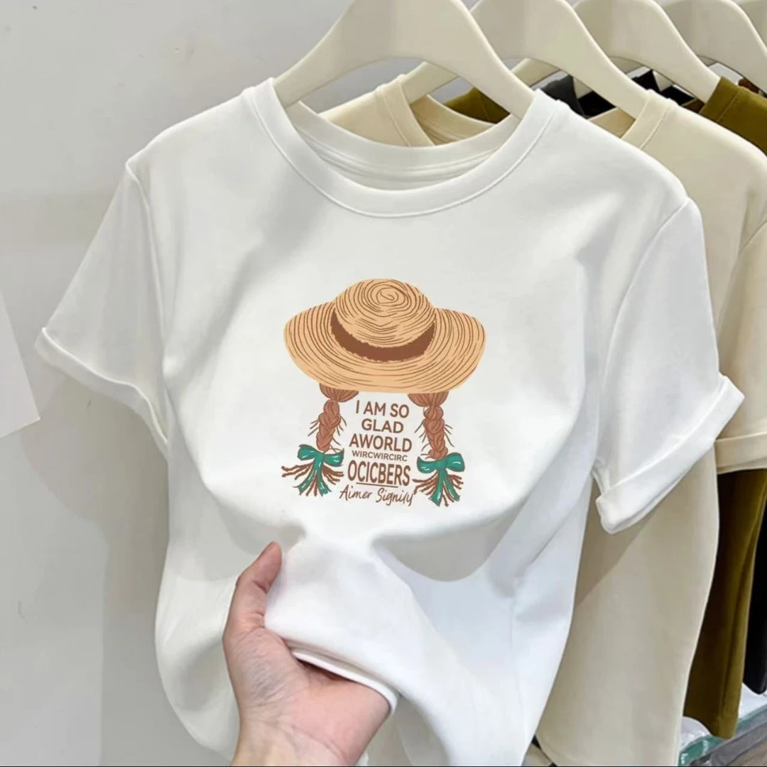 X04圆领英文双马尾编织帽印花夏季短袖小个子女修身显瘦百搭上衣