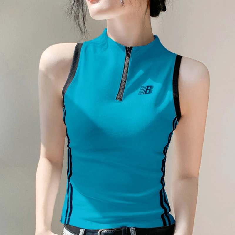 双色拉链立领无袖2025春季新款修身字母千金小众炸街多巴胺服装女