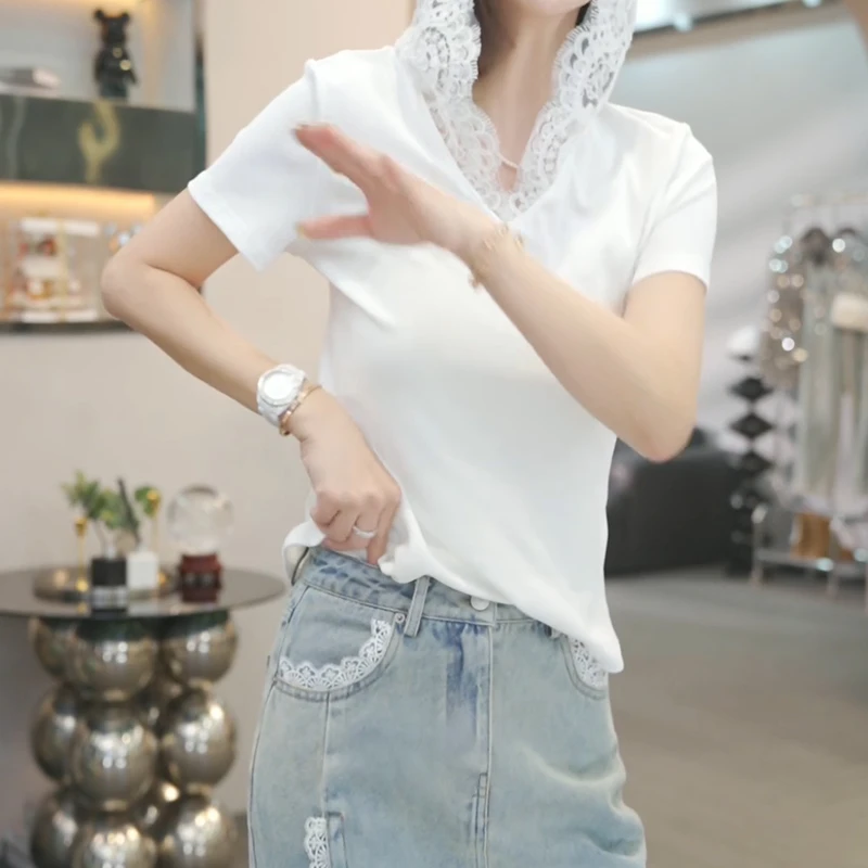 现货【春满人间】2025早春新款时尚蕾丝拼接连帽短袖上衣T恤女3029