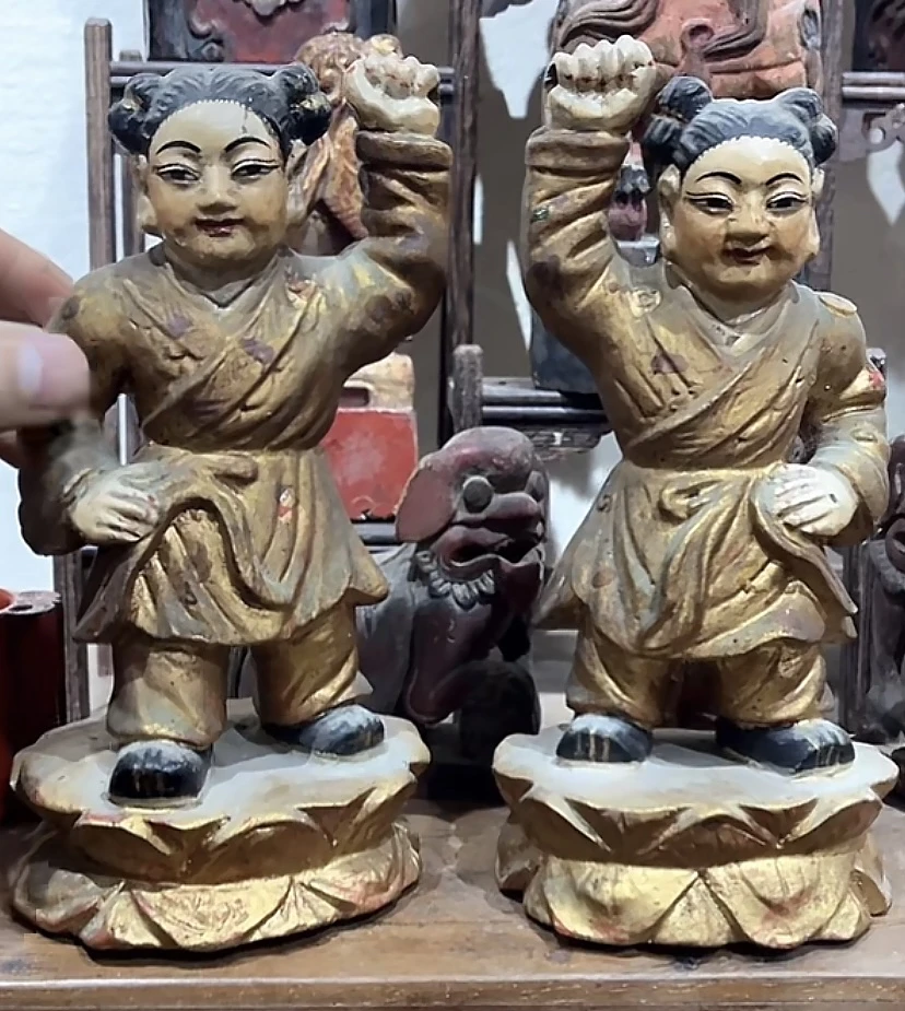 老木雕樟木人物一对