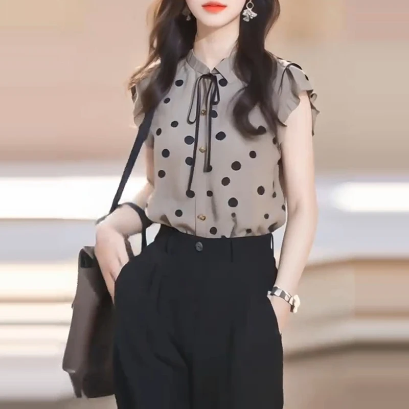 法式波点印花衬衫夏季新款洋气衣服女气质独特别致系带短袖上衣潮
