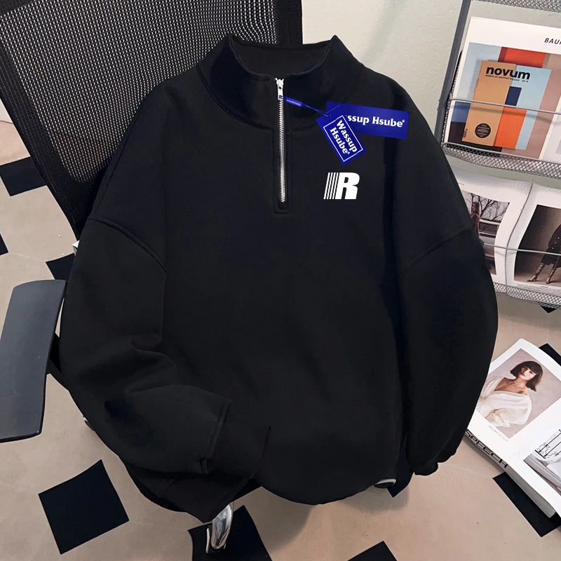 WASSIP HSUBE美式休闲简约半拉链立领卫衣秋冬季男士重磅潮酷外套