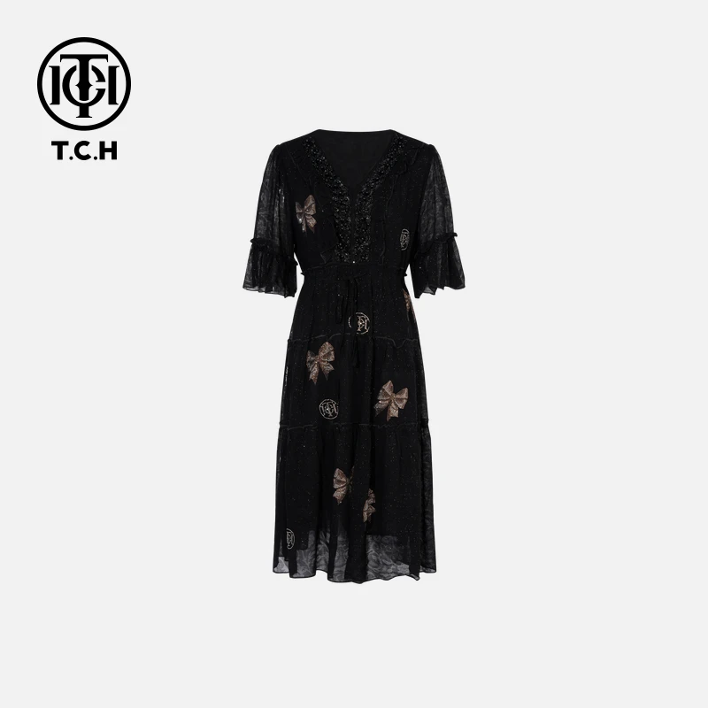TCH烫钻工艺时尚休闲百搭蝴蝶结连衣裙女T75B30E1035轻奢tch