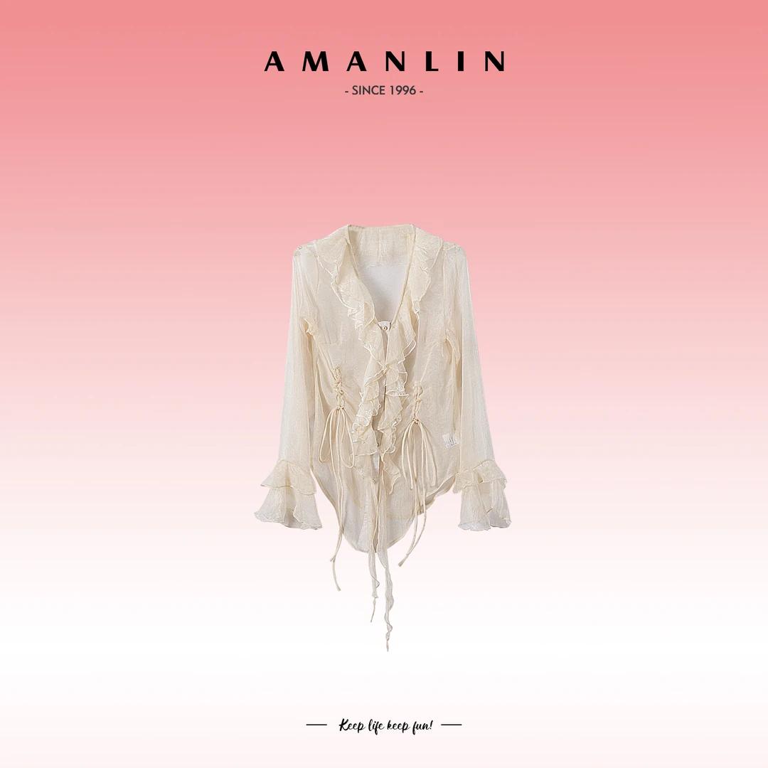 AMANLIN/阿谩琳春季设计感绑带V领穿搭显瘦雪纺衫气质上衣F595581
