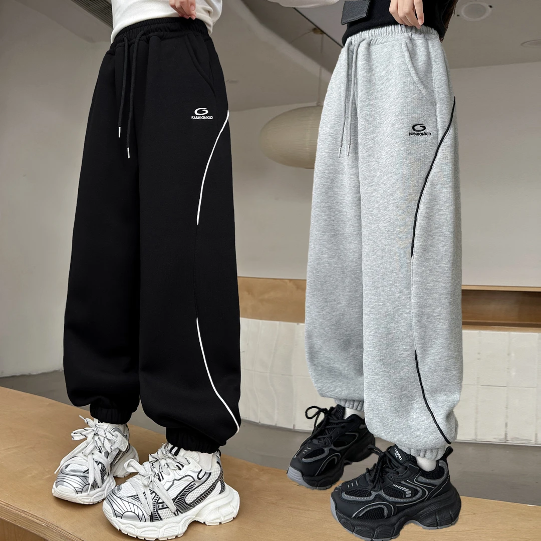 女童加绒裤子春秋冬新款女孩女大童儿童休闲黑色卫裤冬季初中生厚