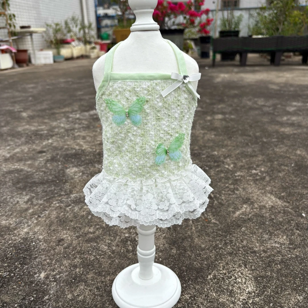 手作夏季绿色蝴蝶蕾丝吊带裙宠物泰迪比熊约克夏马尔济斯衣服