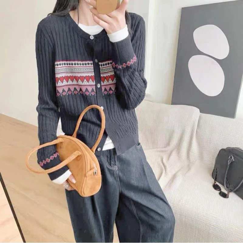 清-汤圆吖岩石灰新款复古提花设计软糯针织开衫243119