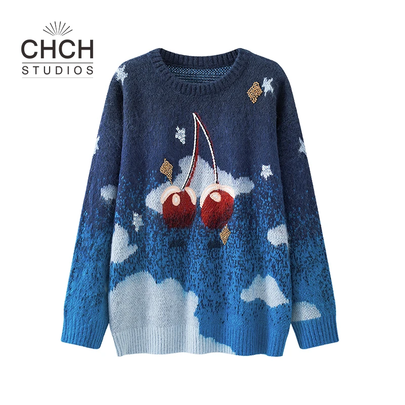 RAQZZ12434秋冬新款设计感悬浮樱桃胶囊白云提花慵懒时尚毛衣女