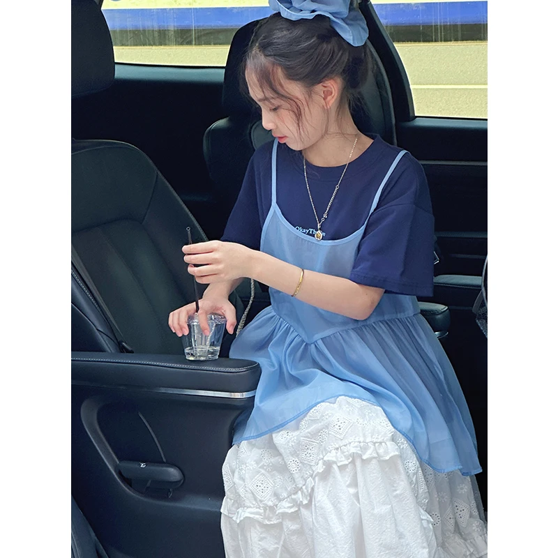 K28918孙小美韩系女童短袖套装2025夏装儿童上衣两件套吊带
