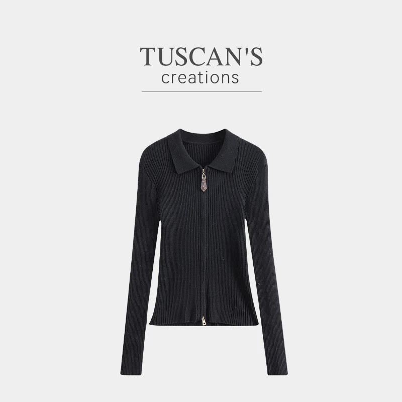 TUSCAN'S CREATIONS修身针织开衫立领毛针织衫长袖翻领女开衫