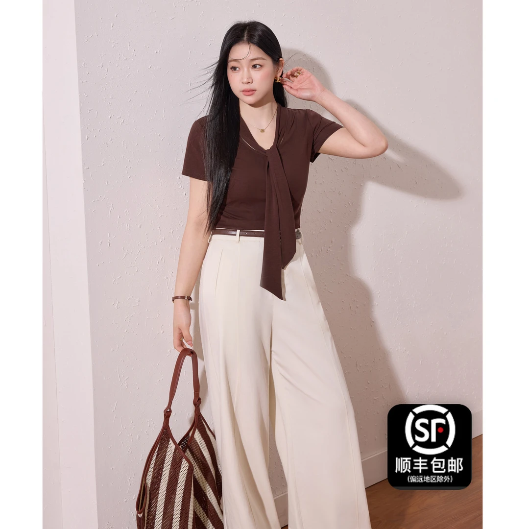 蓝语大码女装复古时尚绑带T恤天丝透气百搭直筒裤2025两件套12271